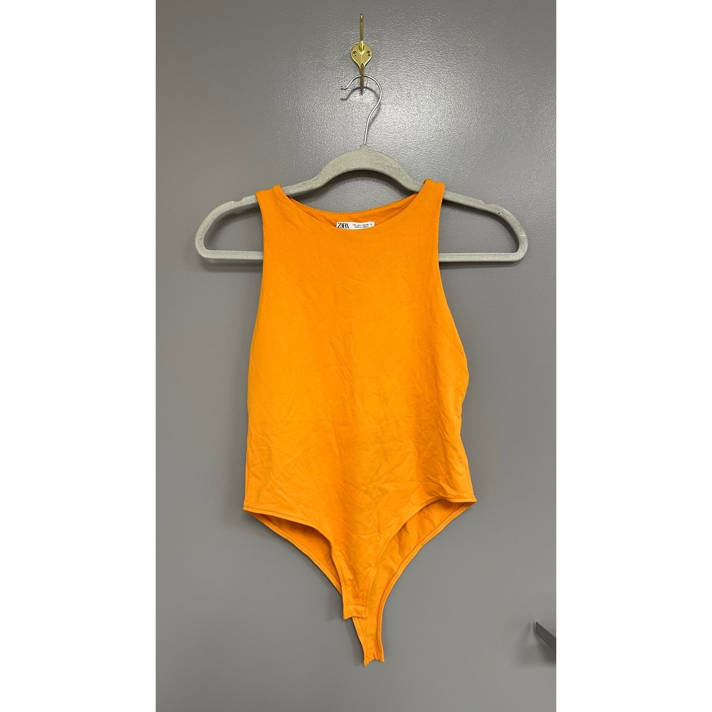 Zara Womens Orange High Neck Racerback Ribbed Knit Bodysuit Size Large L